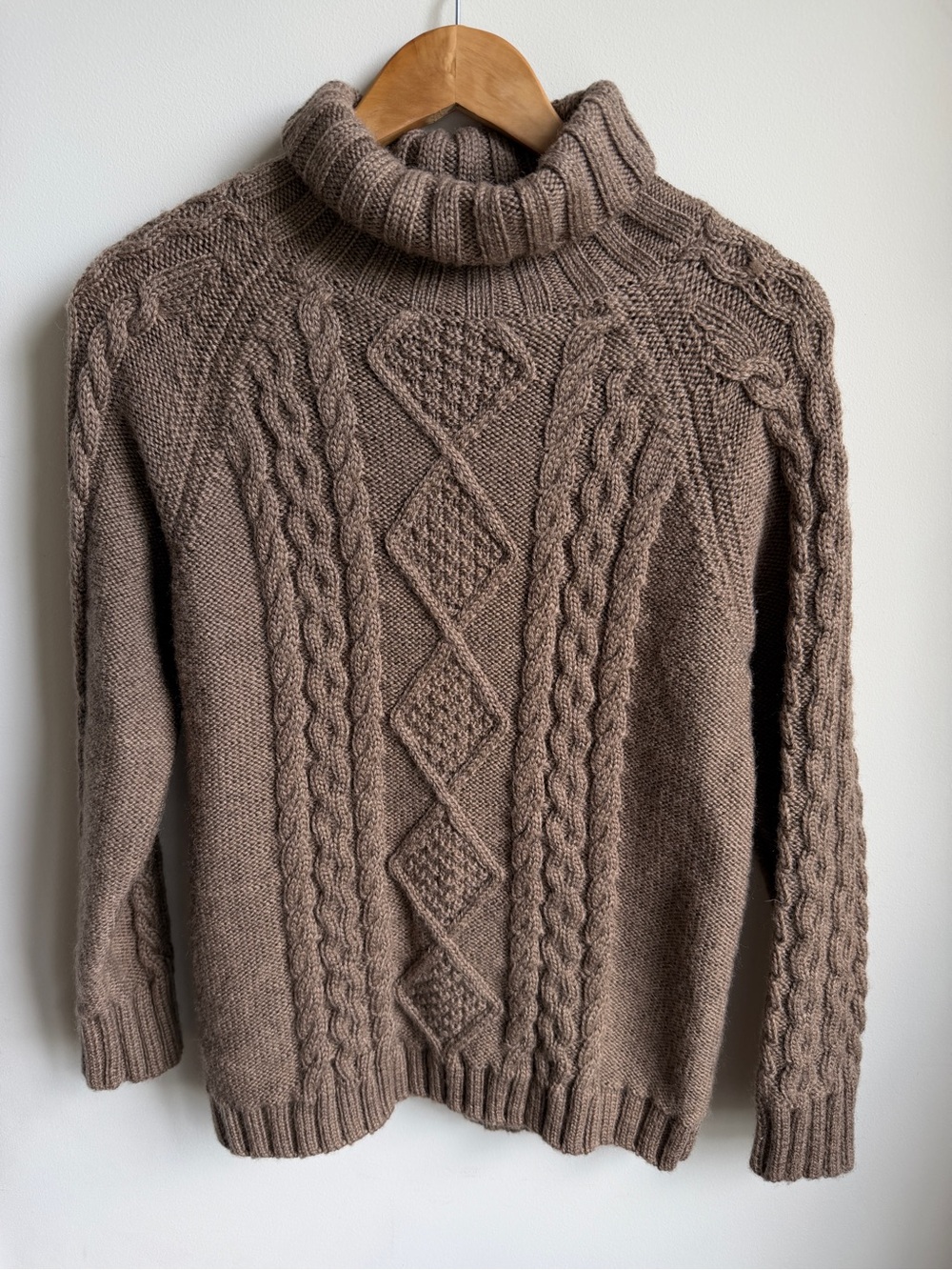 Woolovers 100% Wool Chunky Cable Knit Turtleneck Sweater Mocha Brown M
